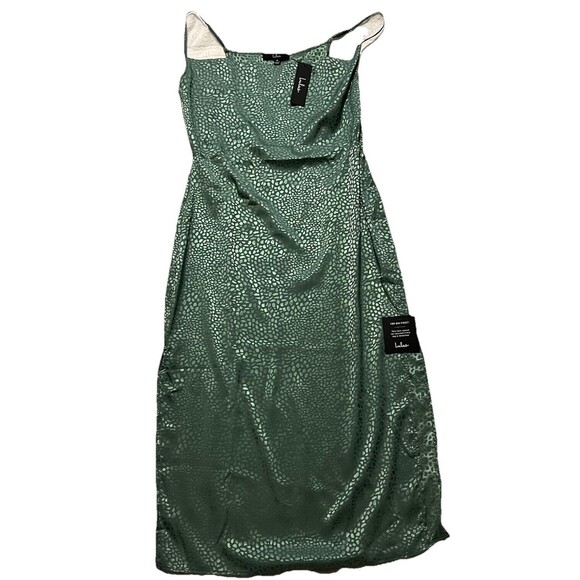 Lulus Total Stunner Green Sage Satin Jacquard Leopard Cowl Neck Midi Dress M NWT - Picture 2 of 6